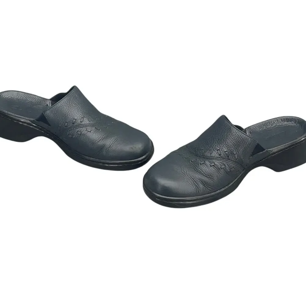Clarks Navy Blue Leather Slip On Comfort Slide Clog Mule Shoe Women 8M